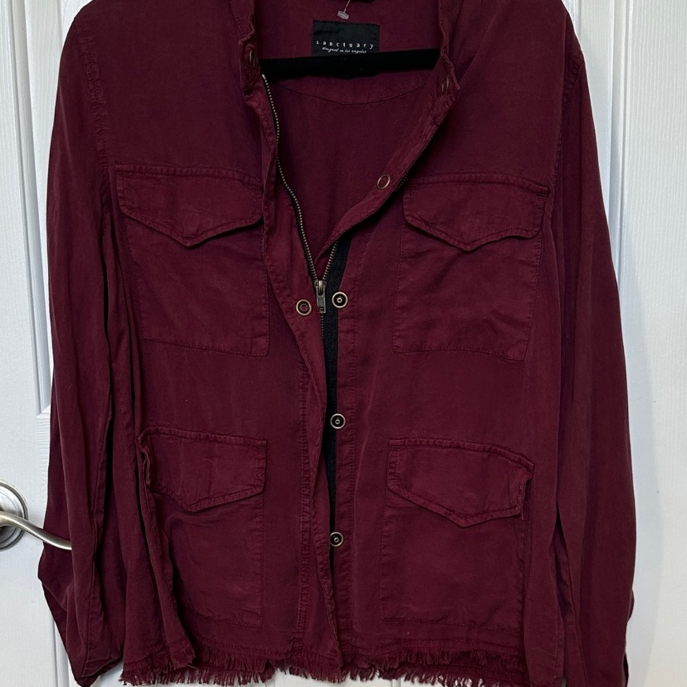 Sanctuary Utility Jacket Burgundy Raw Hem Cotton Anorak Women’s Size Large